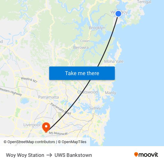 Woy Woy Station to UWS Bankstown map