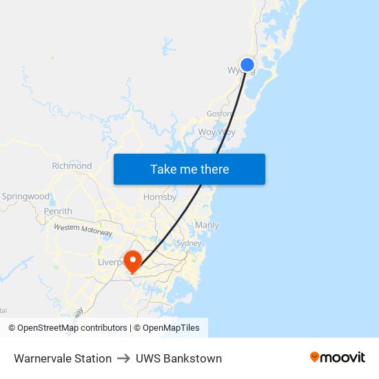 Warnervale Station to UWS Bankstown map