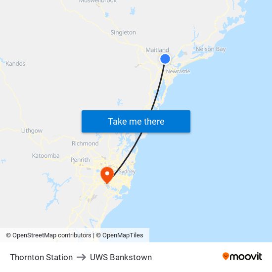 Thornton Station to UWS Bankstown map