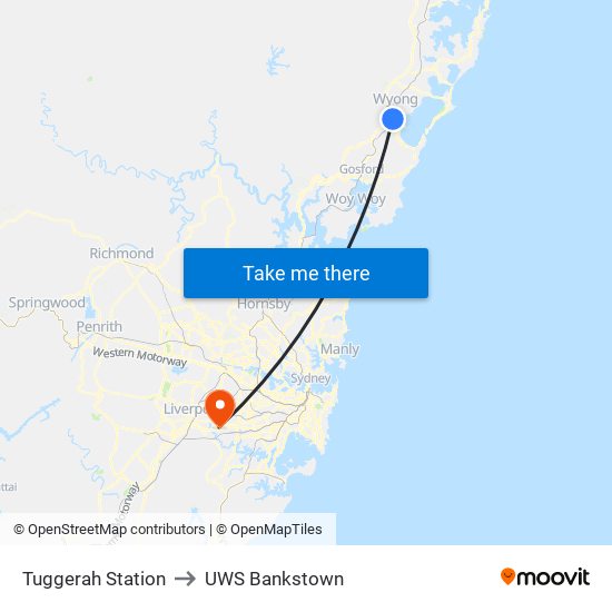 Tuggerah Station to UWS Bankstown map