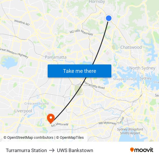 Turramurra Station to UWS Bankstown map