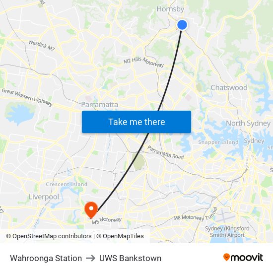 Wahroonga Station to UWS Bankstown map