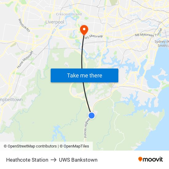 Heathcote Station to UWS Bankstown map