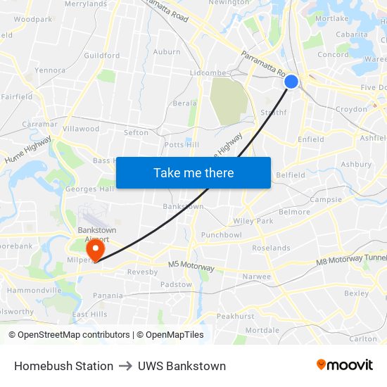 Homebush Station to UWS Bankstown map