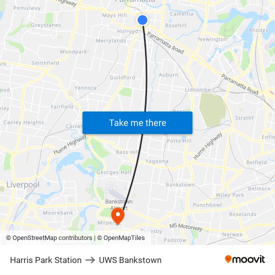 Harris Park Station to UWS Bankstown map