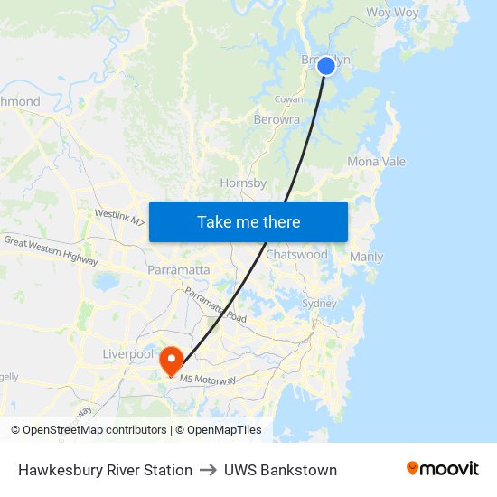 Hawkesbury River Station to UWS Bankstown map