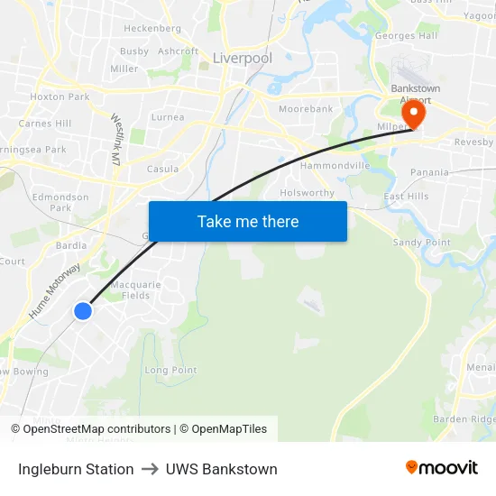 Ingleburn Station to UWS Bankstown map