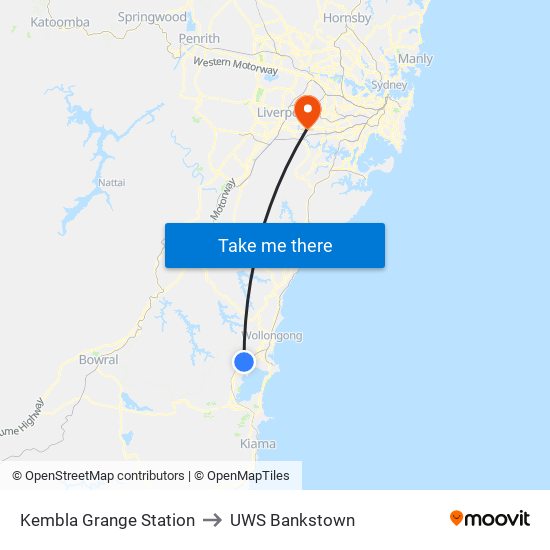 Kembla Grange Station to UWS Bankstown map