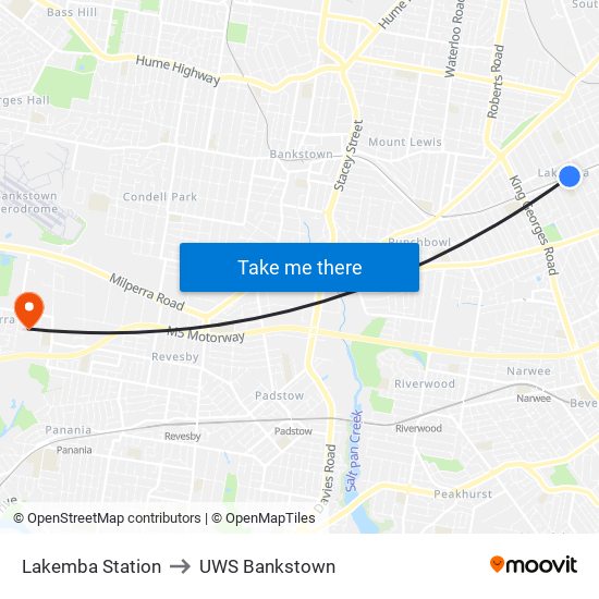 Lakemba Station to UWS Bankstown map