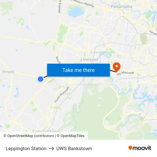 Leppington Station to UWS Bankstown map