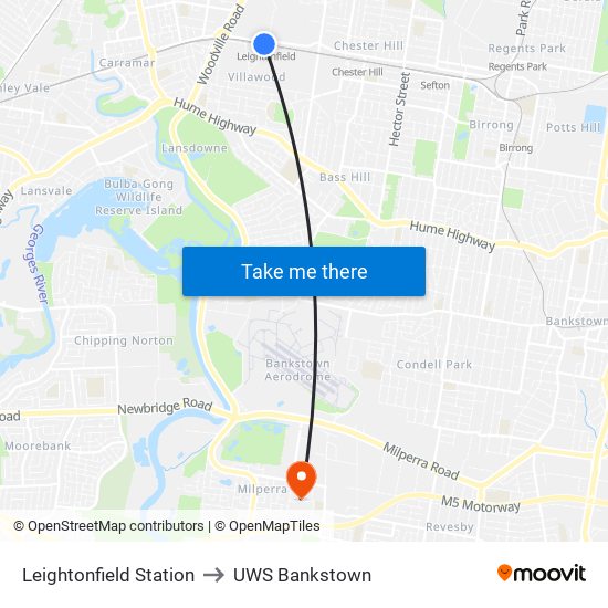 Leightonfield Station to UWS Bankstown map