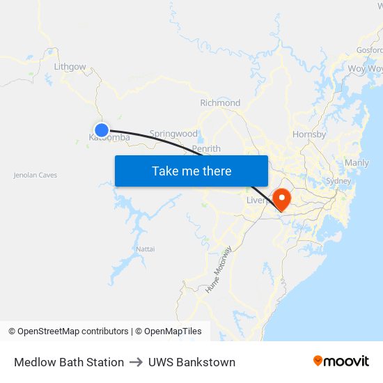 Medlow Bath Station to UWS Bankstown map