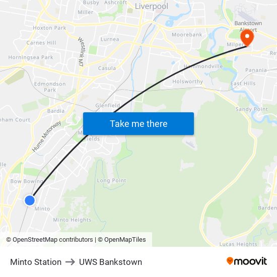Minto Station to UWS Bankstown map