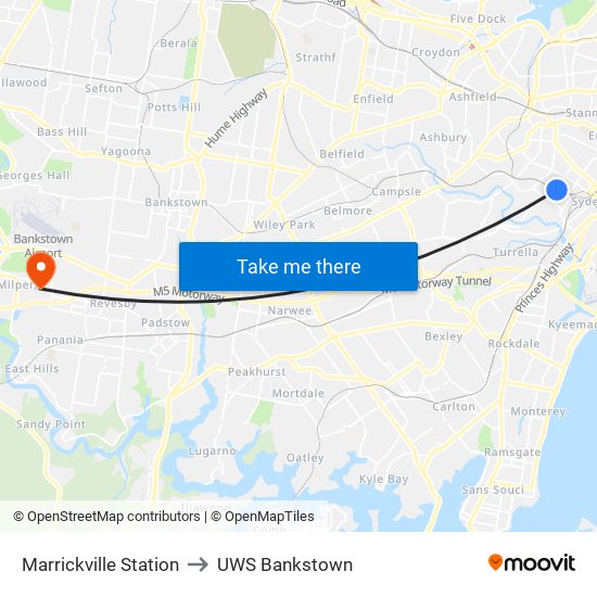 Marrickville Station to UWS Bankstown map