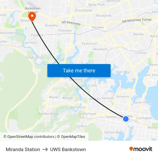 Miranda Station to UWS Bankstown map