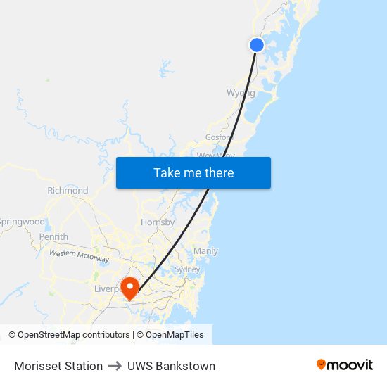 Morisset Station to UWS Bankstown map