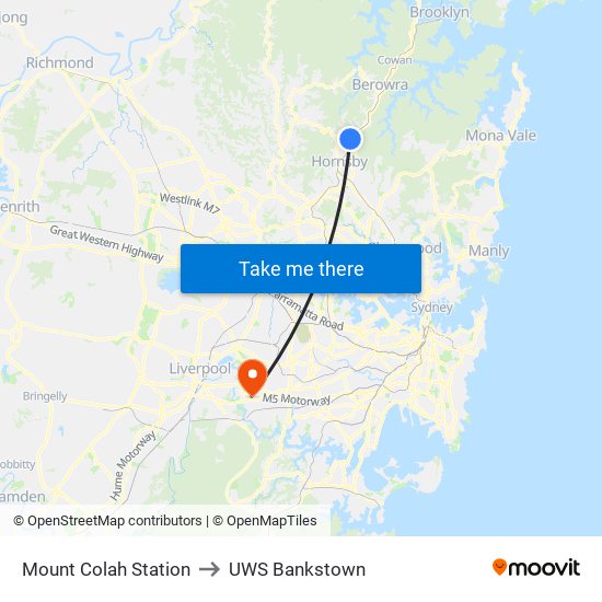Mount Colah Station to UWS Bankstown map
