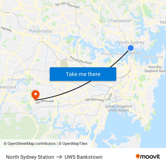 North Sydney Station to UWS Bankstown map