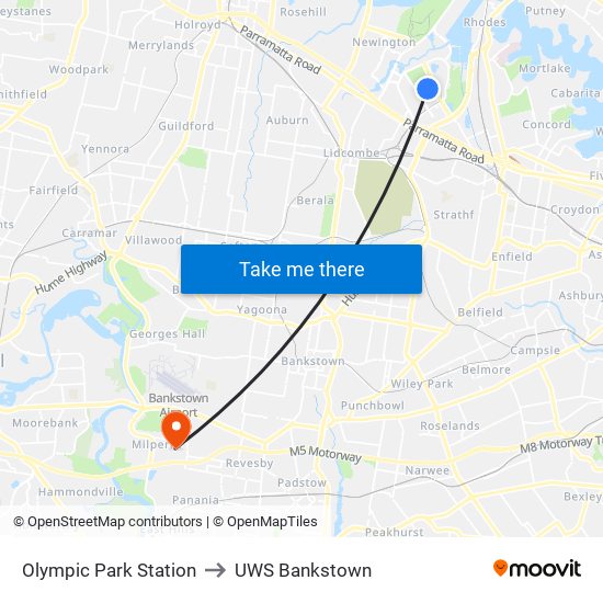 Olympic Park Station to UWS Bankstown map