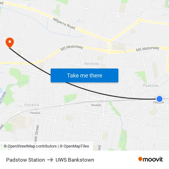 Padstow Station to UWS Bankstown map