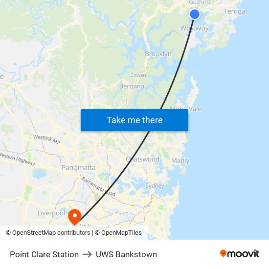 Point Clare Station to UWS Bankstown map