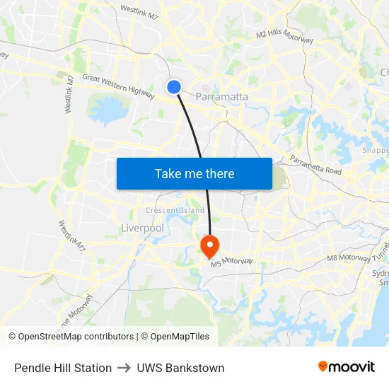 Pendle Hill Station to UWS Bankstown map