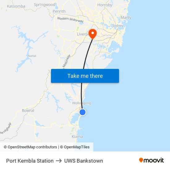 Port Kembla Station to UWS Bankstown map