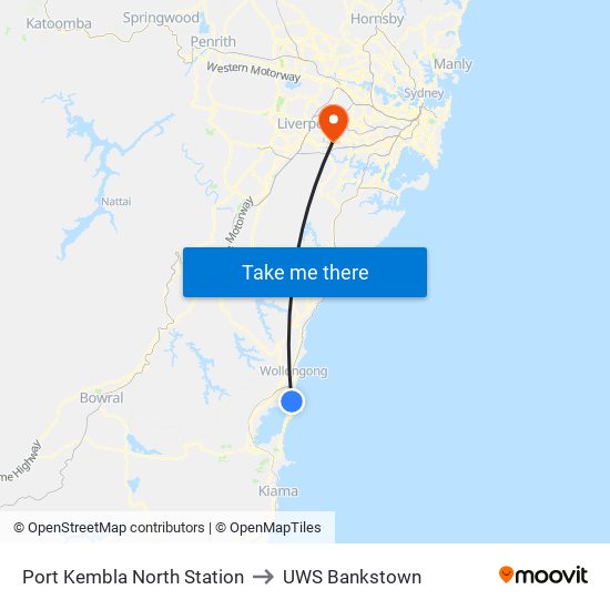 Port Kembla North Station to UWS Bankstown map