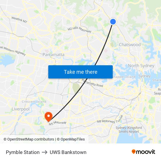 Pymble Station to UWS Bankstown map