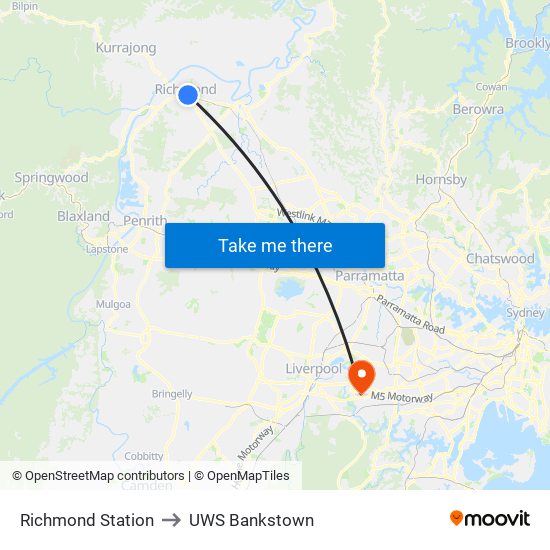 Richmond Station to UWS Bankstown map