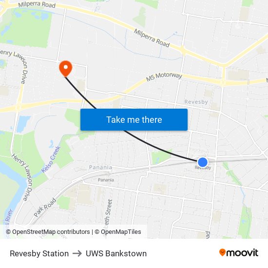 Revesby Station to UWS Bankstown map