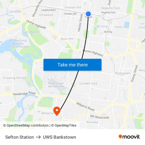 Sefton Station to UWS Bankstown map