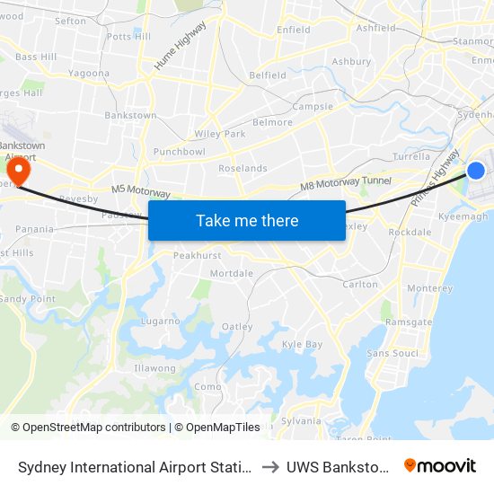 Sydney International Airport Station to UWS Bankstown map