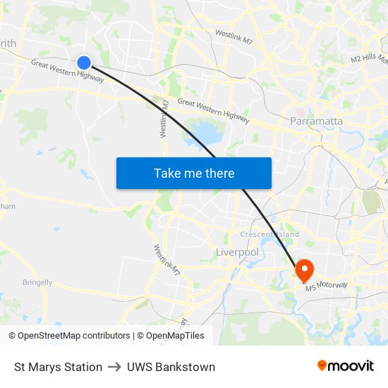 St Marys Station to UWS Bankstown map