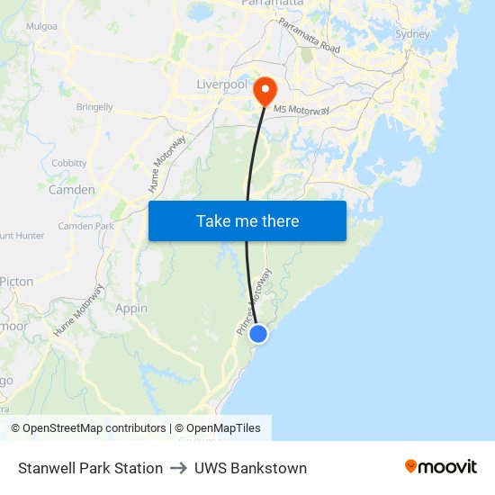 Stanwell Park Station to UWS Bankstown map