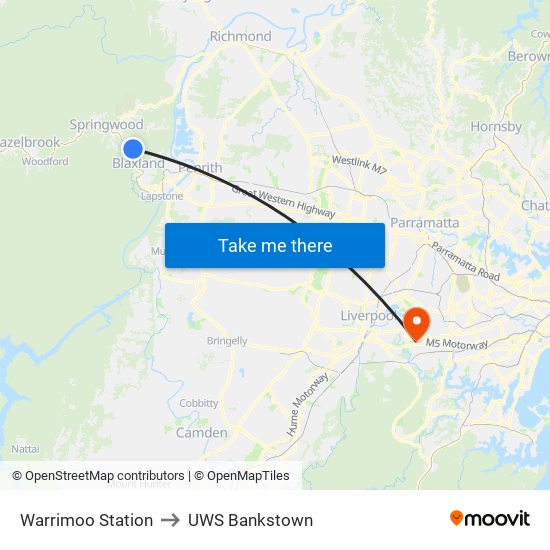 Warrimoo Station to UWS Bankstown map