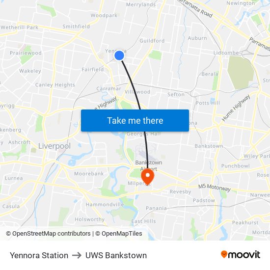Yennora Station to UWS Bankstown map