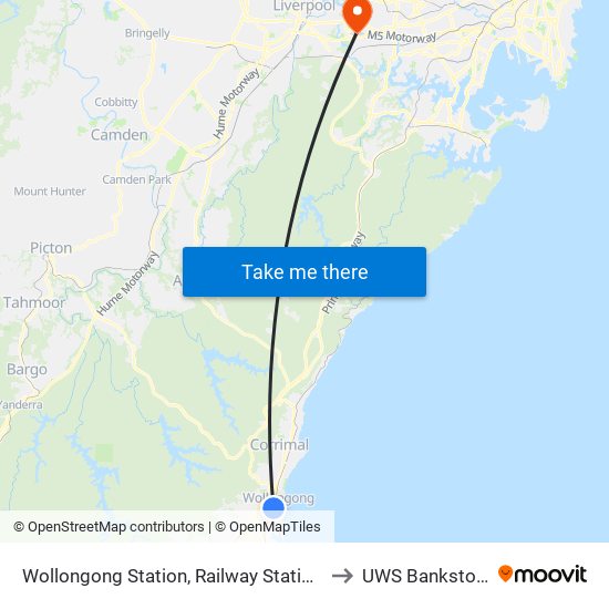 Wollongong Station, Railway Station Sq to UWS Bankstown map