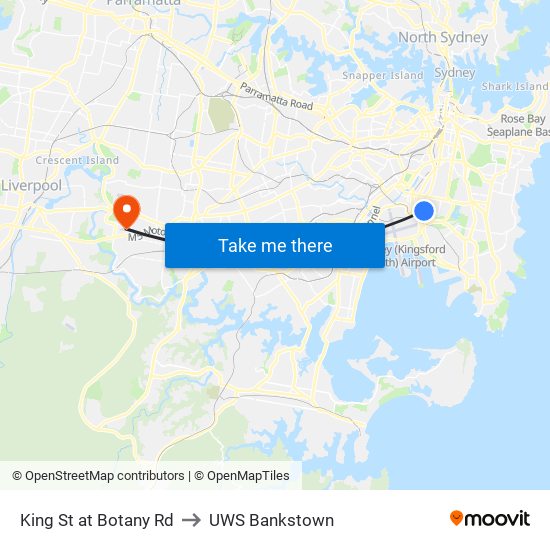 King St at Botany Rd to UWS Bankstown map