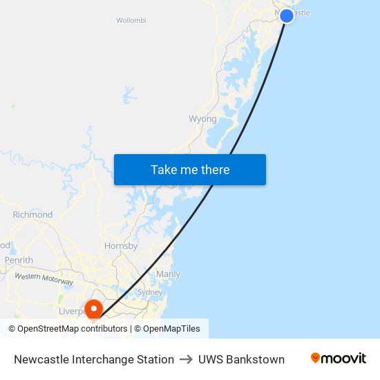 Newcastle Interchange Station to UWS Bankstown map