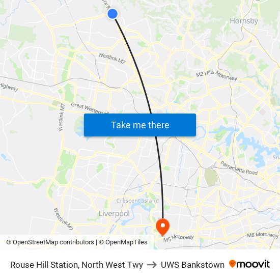 Rouse Hill Station, North West Twy to UWS Bankstown map