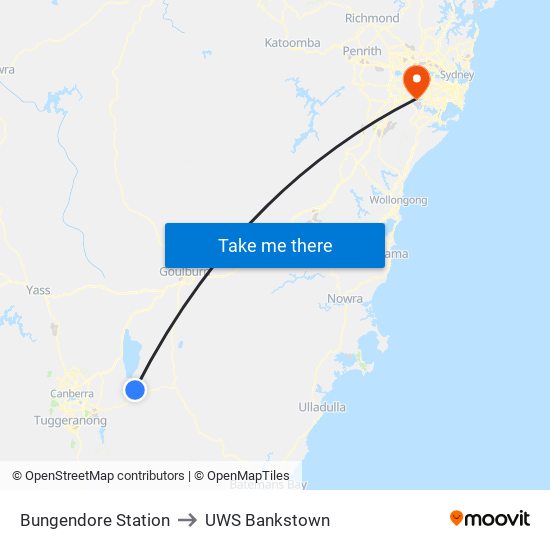Bungendore Station to UWS Bankstown map