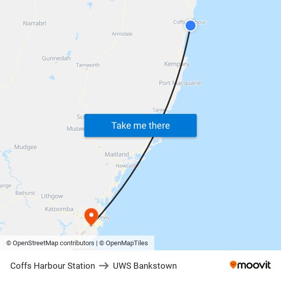 Coffs Harbour Station to UWS Bankstown map