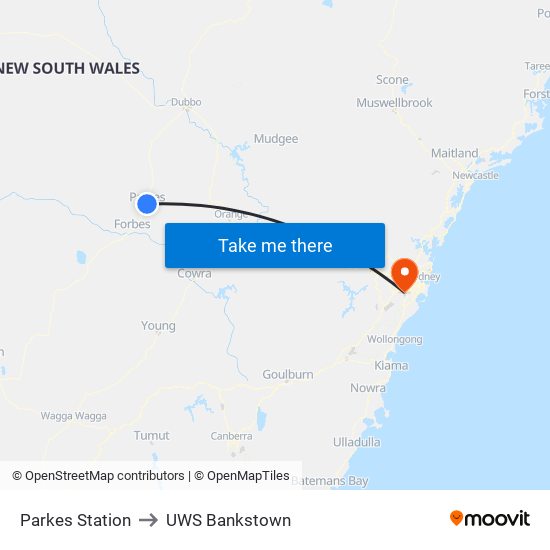 Parkes Station to UWS Bankstown map