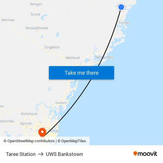 Taree Station to UWS Bankstown map