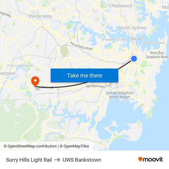 Surry Hills Light Rail to UWS Bankstown map