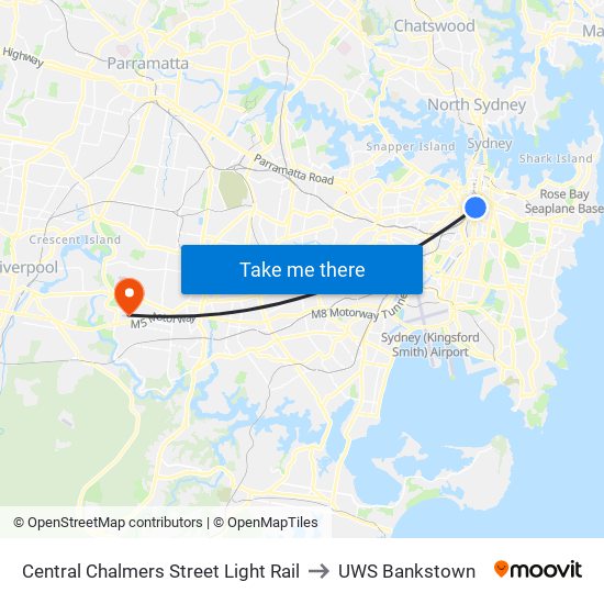 Central Chalmers Street Light Rail to UWS Bankstown map