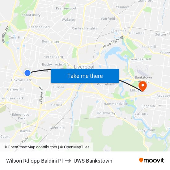 Wilson Rd opp Baldini Pl to UWS Bankstown map