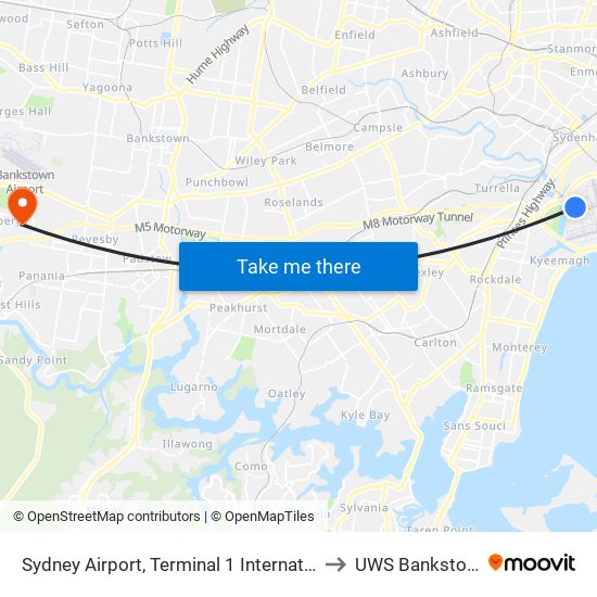 Sydney Airport, Terminal 1 International to UWS Bankstown map