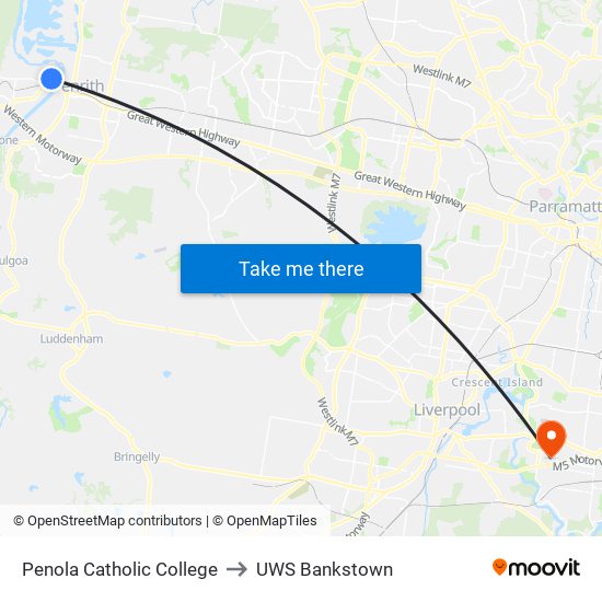 Penola Catholic College to UWS Bankstown map